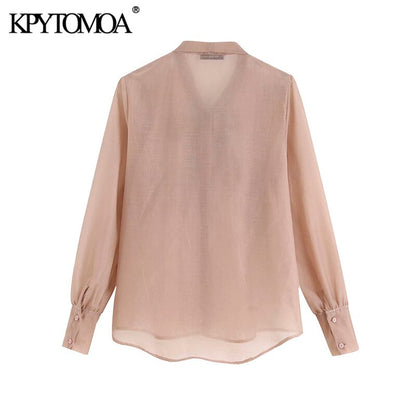 KPYTOMOA Women 2020 Fashion Semi-sheer Button-up Blouses Vintage Bow Tied Collar Long Sleeve Female Shirts Blusas Chic Tops