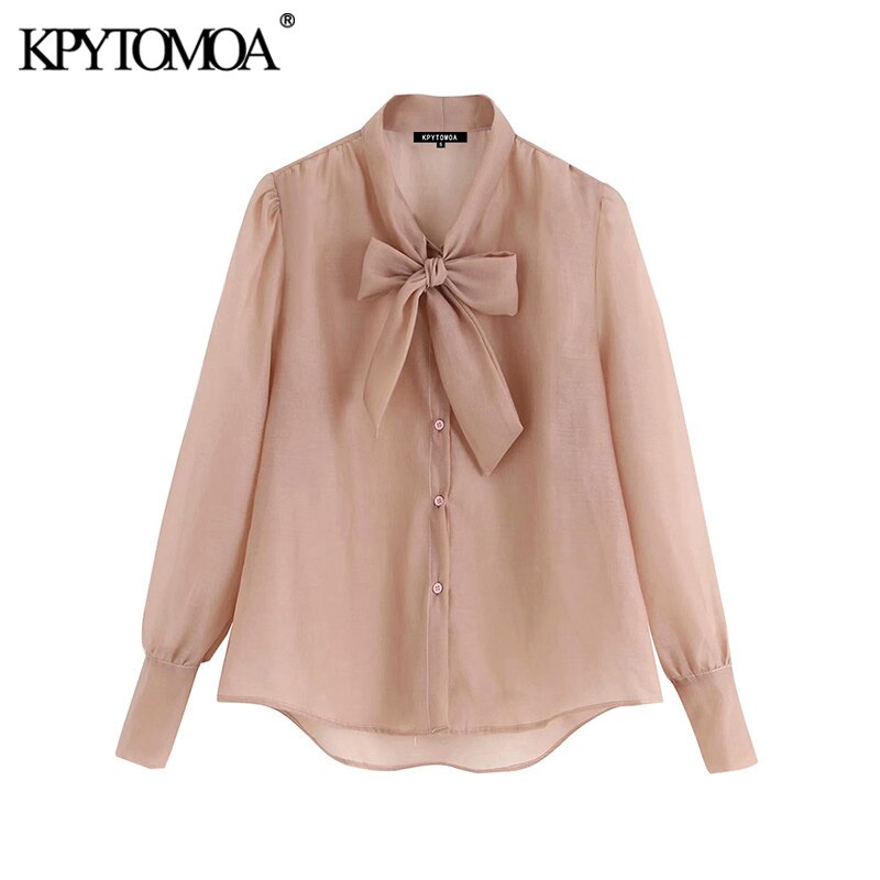 KPYTOMOA Women 2020 Fashion Semi-sheer Button-up Blouses Vintage Bow Tied Collar Long Sleeve Female Shirts Blusas Chic Tops