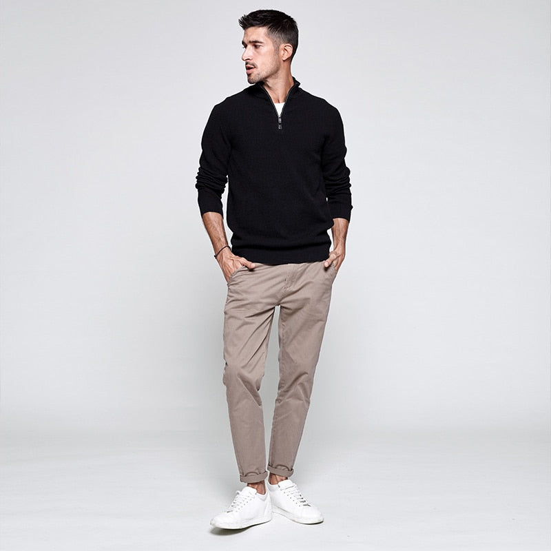 KUEGOU 100% Cotton Autumn Winter Clothing Men‘s sweater Semi-high Collar fashion Semi-placket Turtleneck Top Plus Size AZ-32007