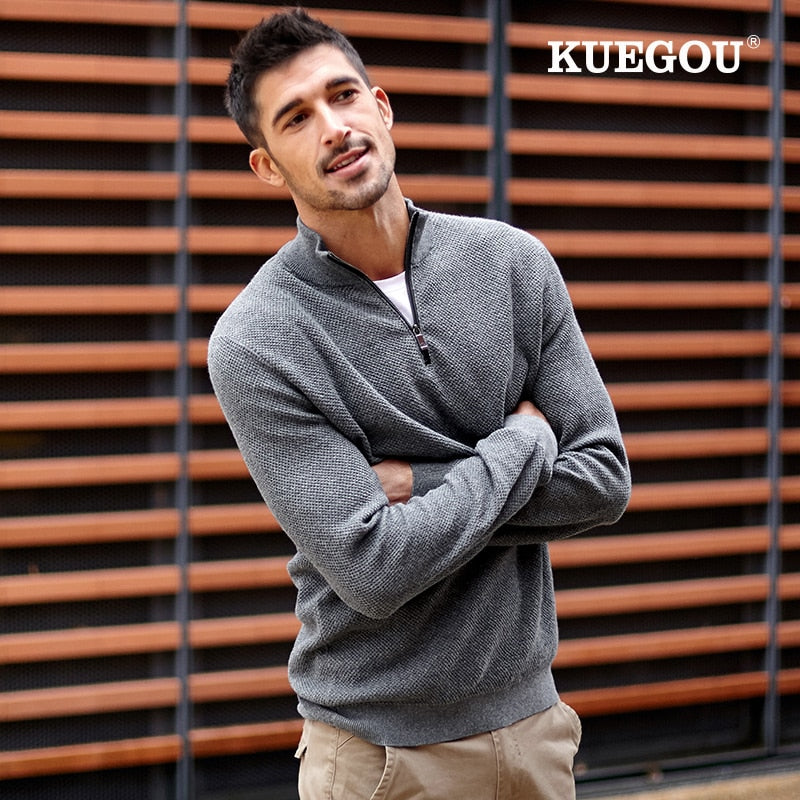 KUEGOU 100% Cotton Autumn Winter Clothing Men‘s sweater Semi-high Collar fashion Semi-placket Turtleneck Top Plus Size AZ-32007