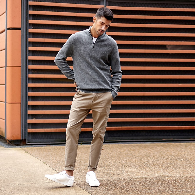 KUEGOU 100% Cotton Autumn Winter Clothing Men‘s sweater Semi-high Collar fashion Semi-placket Turtleneck Top Plus Size AZ-32007