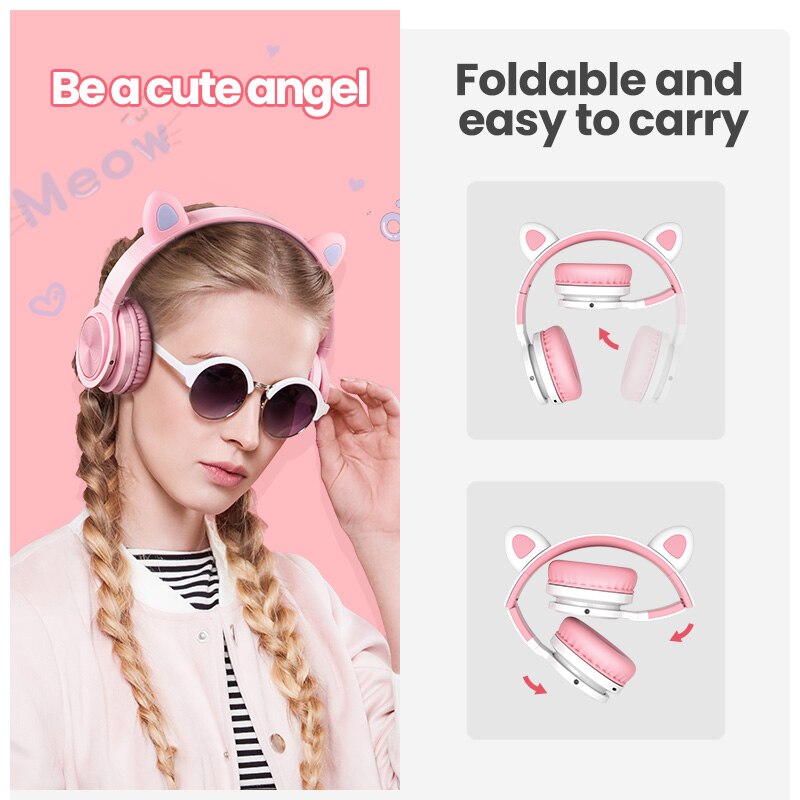 Kids wireless bluetooth headset music stereo noise canceling headphone LED luminous cat ear girl daughter gift with microphone