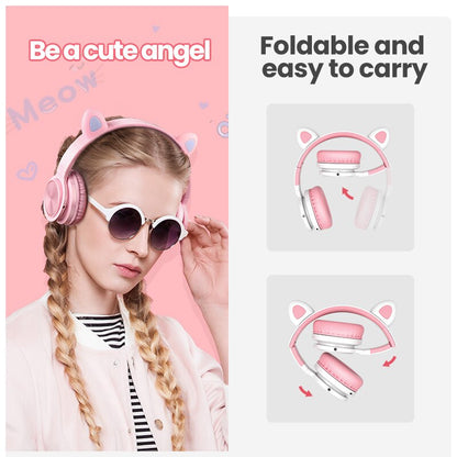 Kids wireless bluetooth headset music stereo noise canceling headphone LED luminous cat ear girl daughter gift with microphone