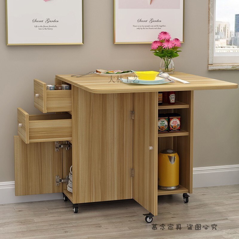 Kitchen Island Table Container House Moveable Cabinet Countertop Multifunctional Wooden Storage Cabinets with Drawers Slide