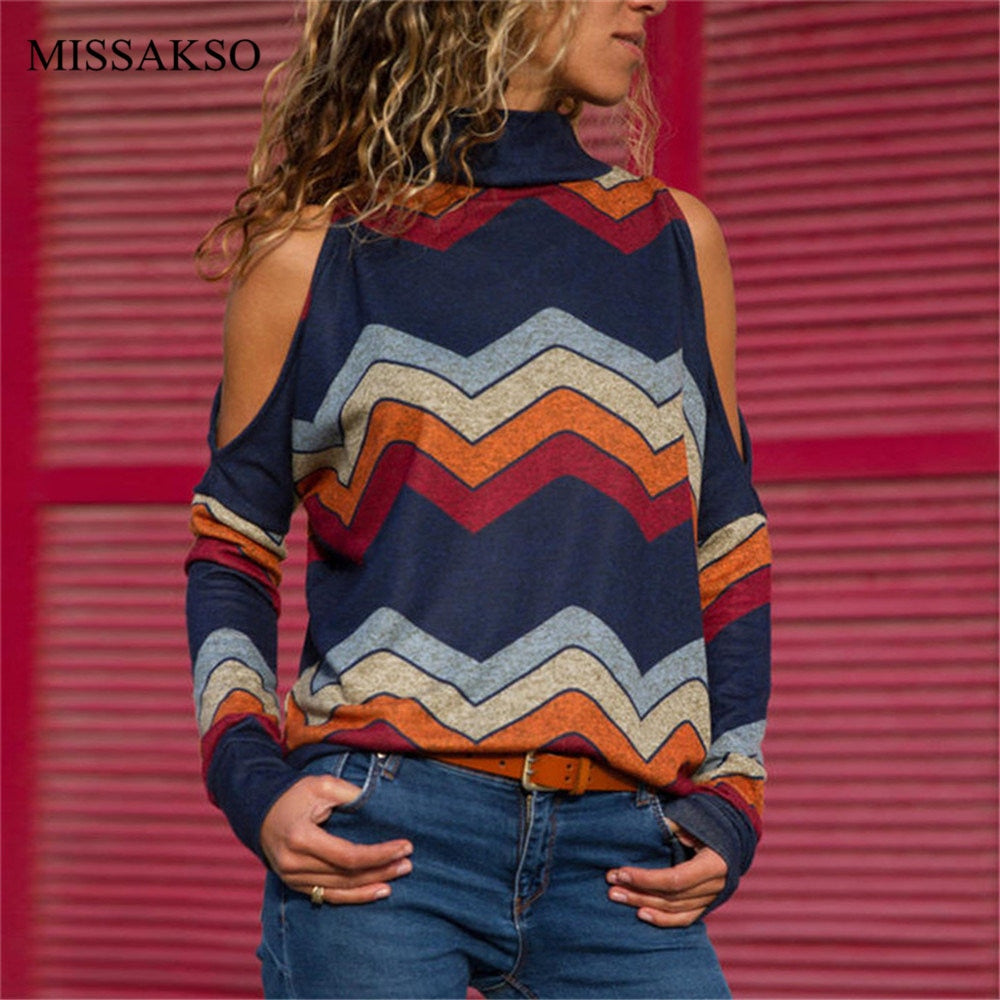 Women's Knitted Striped Off Shoulder Blouse Turtleneck Spring Summer Autumn Fashion Lady Tops Shirt Plus Size Blusas Camisas Mujer