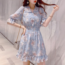 Load image into Gallery viewer, Korean Dress Summer 2019 Flower Ruffle Chiffon Women Party Elegant Floral Pink Mini Vestido Curto Blue Blanco a Line v Neck Robe
