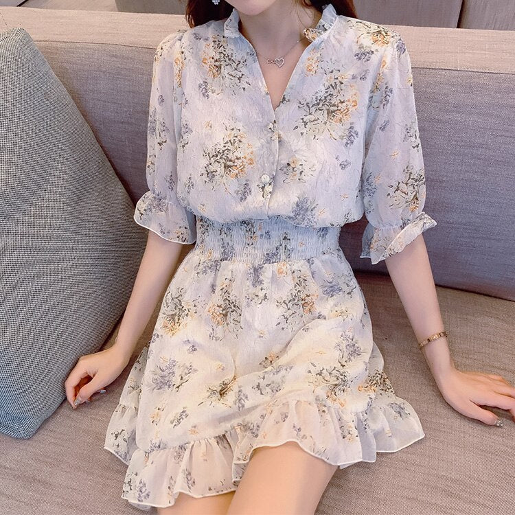 Korean Dress Summer 2019 Flower Ruffle Chiffon Women Party Elegant Floral Pink Mini Vestido Curto Blue Blanco a Line v Neck Robe