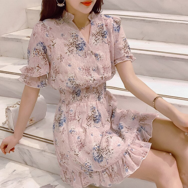 Korean Dress Summer 2019 Flower Ruffle Chiffon Women Party Elegant Floral Pink Mini Vestido Curto Blue Blanco a Line v Neck Robe