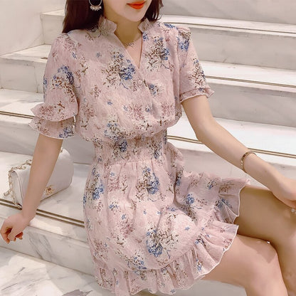 Korean Dress Summer 2019 Flower Ruffle Chiffon Women Party Elegant Floral Pink Mini Vestido Curto Blue Blanco a Line v Neck Robe