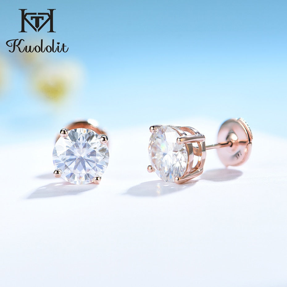 Kuololit Solid 18K 14K 10K Rose Gold Pousette Back Earrings 4CT Moissanite Gemstone Stud Earrings for Women Round 8.0 Solitaire