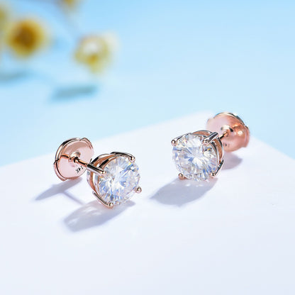 Kuololit Solid 18K 14K 10K Rose Gold Pousette Back Earrings 4CT Moissanite Gemstone Stud Earrings for Women Round 8.0 Solitaire