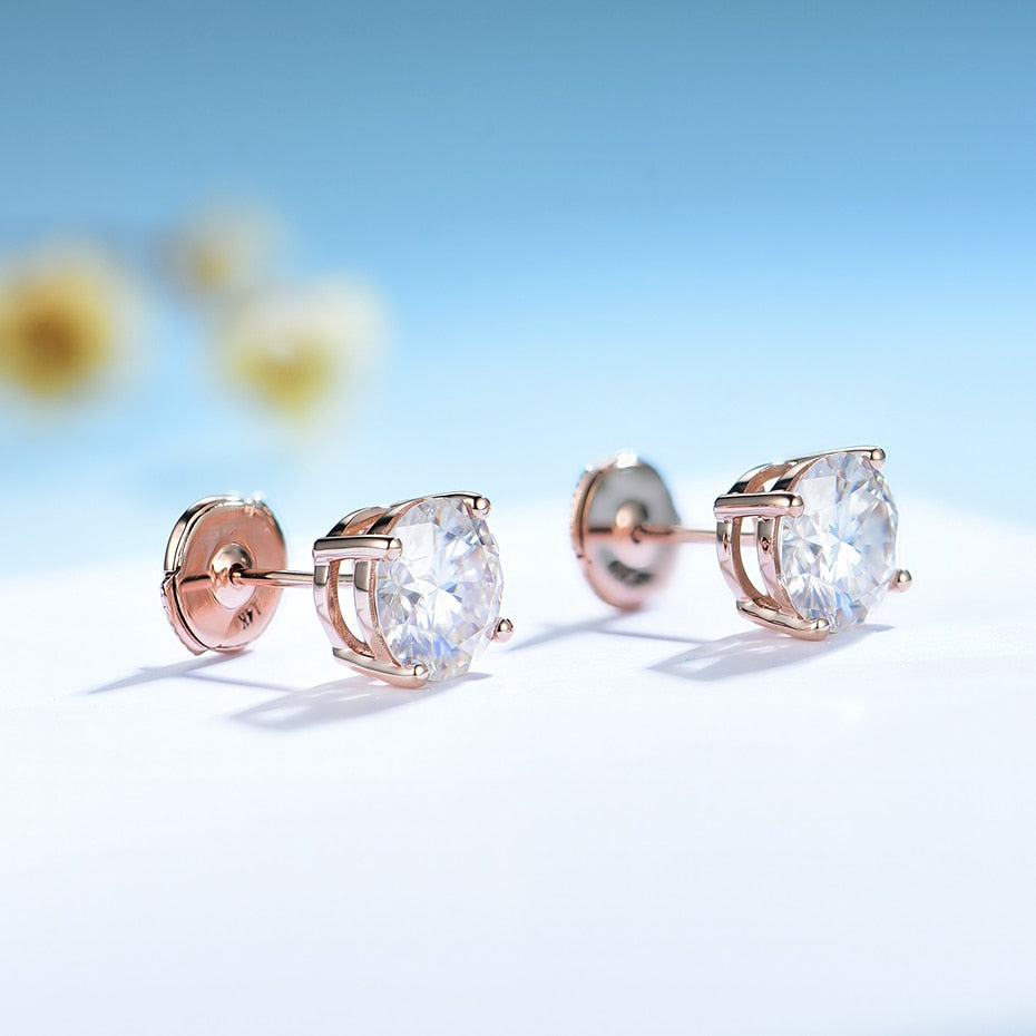Kuololit Solid 18K 14K 10K Rose Gold Pousette Back Earrings 4CT Moissanite Gemstone Stud Earrings for Women Round 8.0 Solitaire