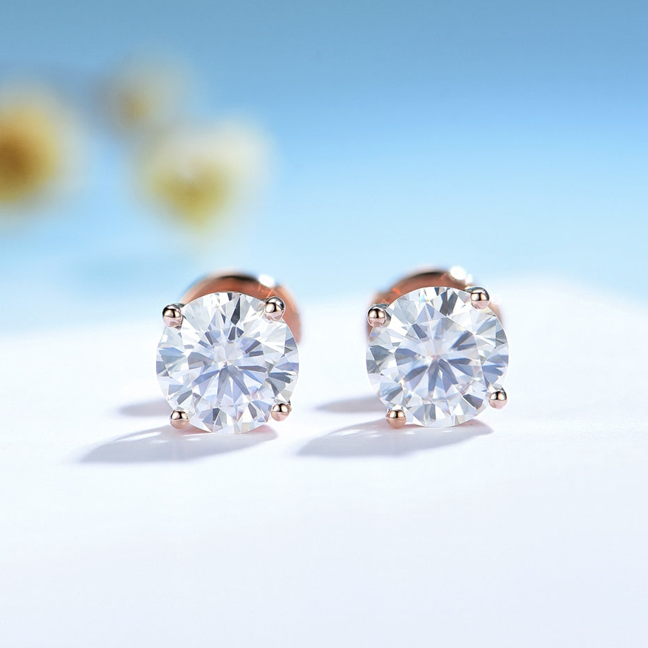 Kuololit Solid 18K 14K 10K Rose Gold Pousette Back Earrings 4CT Moissanite Gemstone Stud Earrings for Women Round 8.0 Solitaire