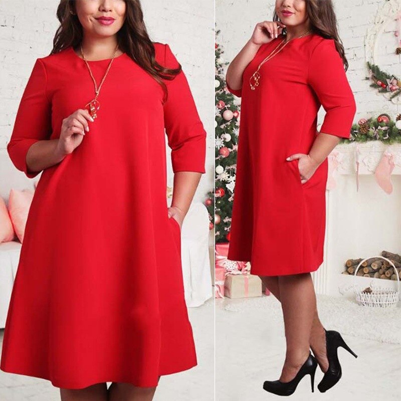 L-6XL Big Size Dresses Office Ladies Plus Size Casual Loose Autumn Dress Pockets Green Red Fashion Dress Vestidos Women Clothes