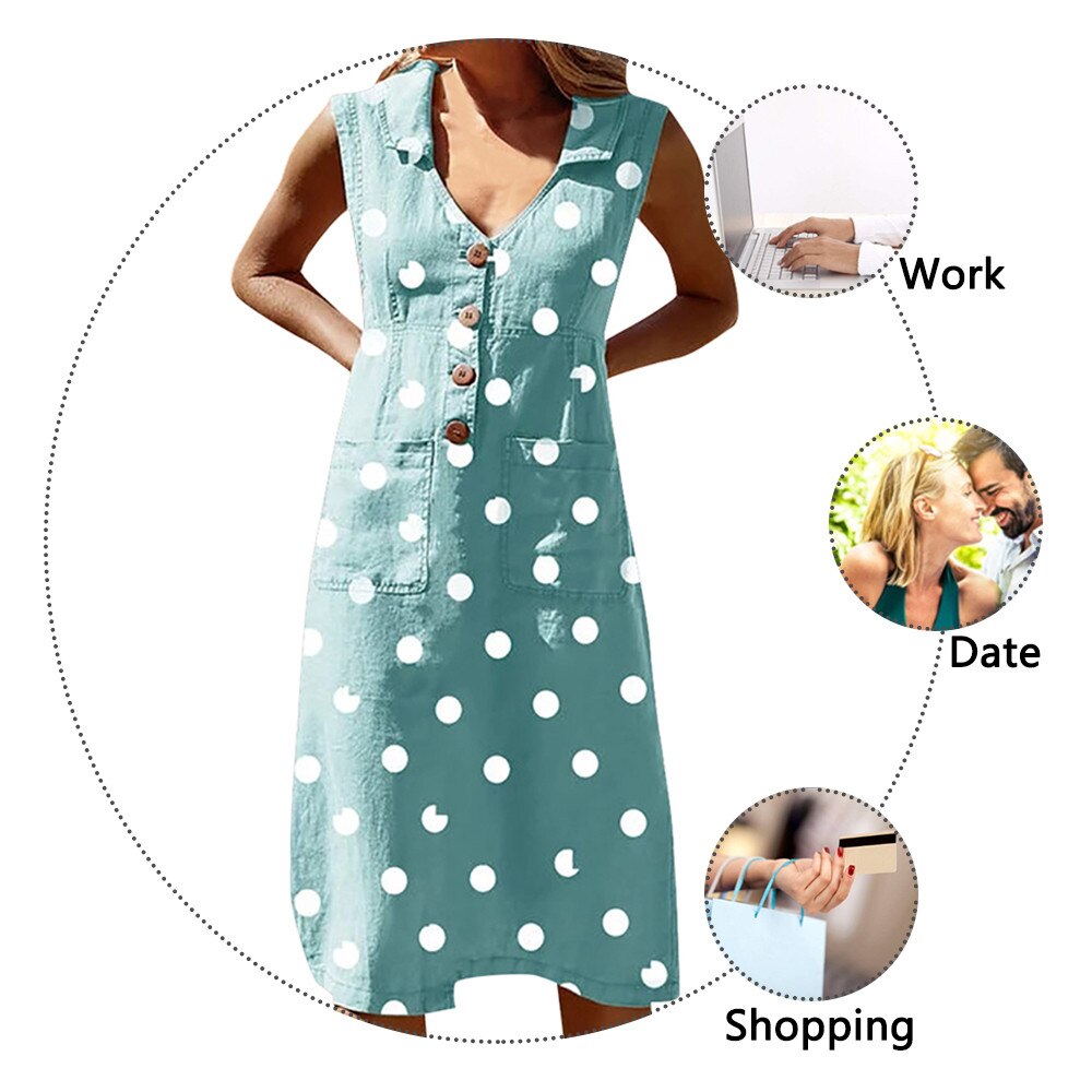 LASPERAL 2020 Summer Women's Dress Dot Print Boho Dress Feminine Turn-down V-neck Linen Dress Button Pocket Dress Vestido