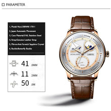 Charger l&#39;image dans la galerie, LOBINNI luxury watch for men,mens automatic watches moonphase mechanical wristwatch 50m waterproof sapphire mirror leather strap
