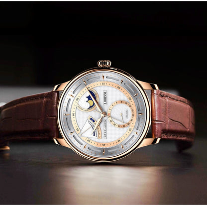 LOBINNI luxury watch for men,mens automatic watches moonphase mechanical wristwatch 50m waterproof sapphire mirror leather strap
