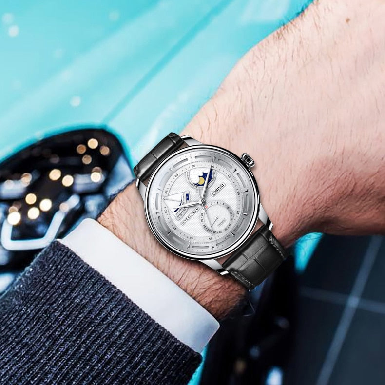 LOBINNI luxury watch for men,mens automatic watches moonphase mechanical wristwatch 50m waterproof sapphire mirror leather strap