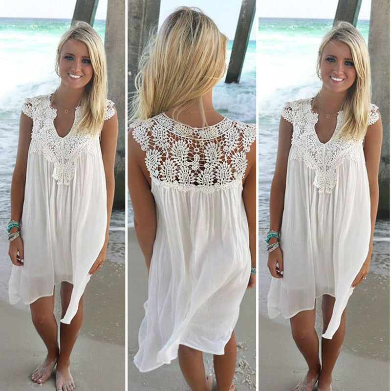 Lace Patchwork Dress Summer Beach Vacation Solid Women Dress Sexy V Neck Sleeveless Hollow Out Loose Dress White Lady Mini Dress