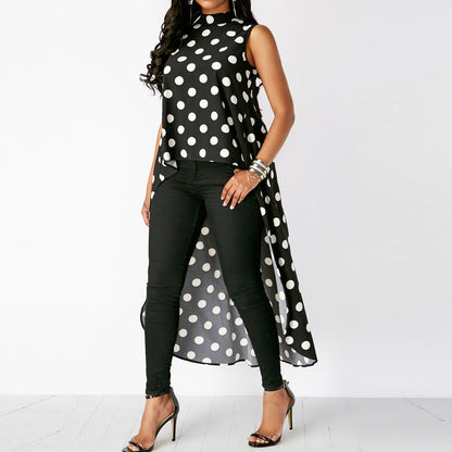 Ladies Harajuku Summer High Low Chiffon Polka Dots Blouse Short Sleeve Shirt Women Blouse Fashion Shirts Woman Tee Tops Casual Female shirt