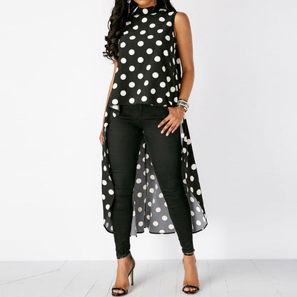 Ladies Harajuku Summer High Low Chiffon Polka Dots Blouse Short Sleeve Shirt Women Blouse Fashion Shirts Woman Tee Tops Casual Female shirt