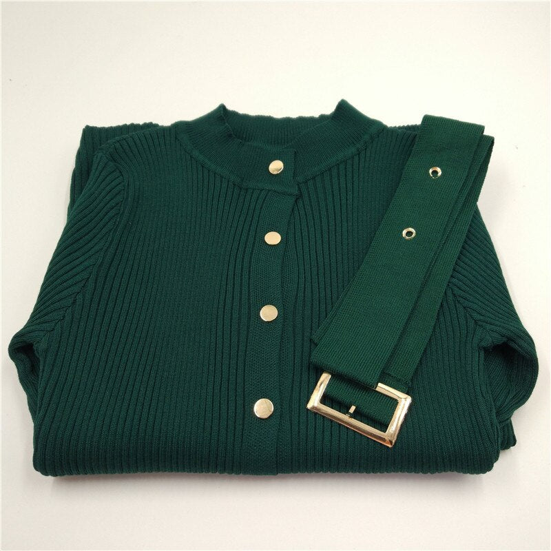 Lakysilk Casual Knitted Sweater Dress For Women Winter Female Long Sleeve Dress With Buttons Sexy Office Lady Maxi Pullovers