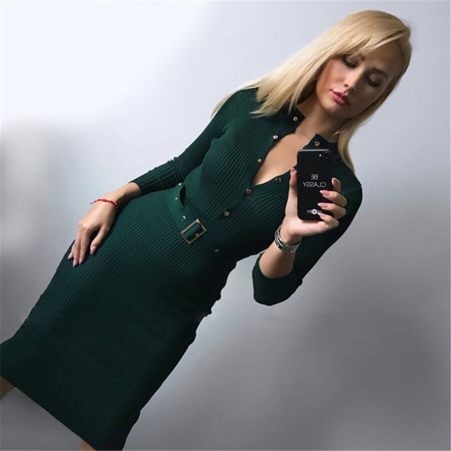Lakysilk Casual Knitted Sweater Dress For Women Winter Female Long Sleeve Dress With Buttons Sexy Office Lady Maxi Pullovers