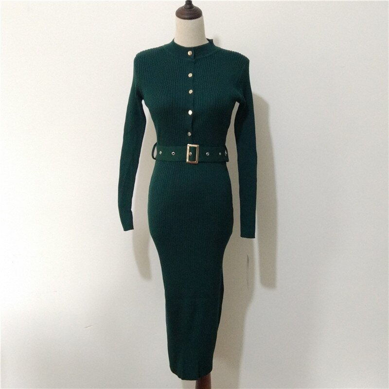 Lakysilk Casual Knitted Sweater Dress For Women Winter Female Long Sleeve Dress With Buttons Sexy Office Lady Maxi Pullovers