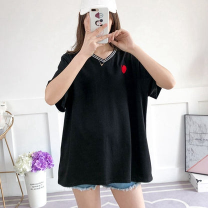 Large size women's T-shirt love printing large size 8XL 9XL 10X 12XL13XL summer V-neck short sleeve loose large size black top