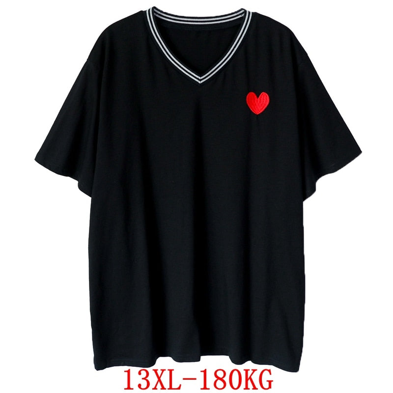 Large size women's T-shirt love printing large size 8XL 9XL 10X 12XL13XL summer V-neck short sleeve loose large size black top