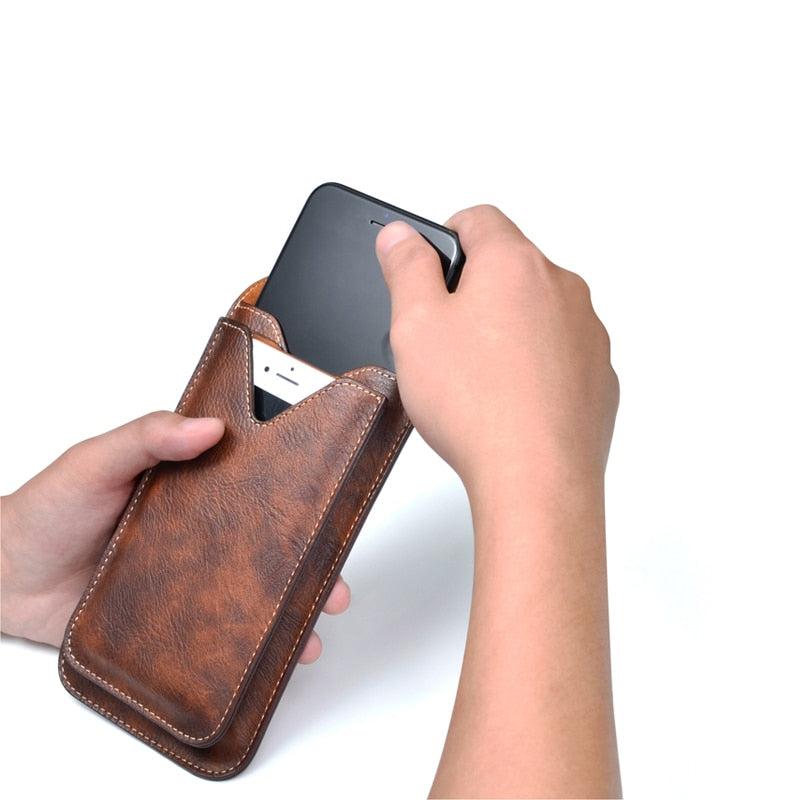 Leather Vintage Double-layer  Mobile Phone Case Cover Pack Men Portable Waist Bag Belt Clip Phone Holster