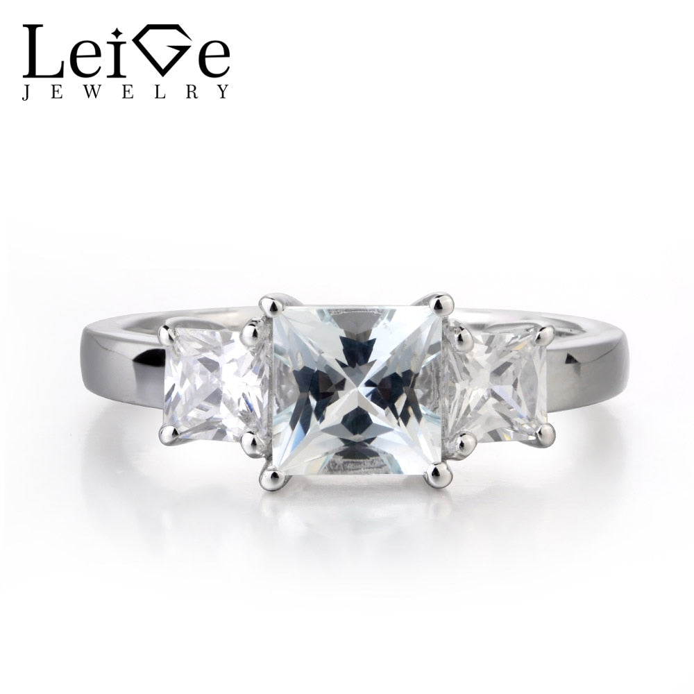 Leige Jewelry Square Cut Natural Aquamarine Engagement Ring Sterling Silver 925 for Women Wedding Promise Rings Romantic Gift