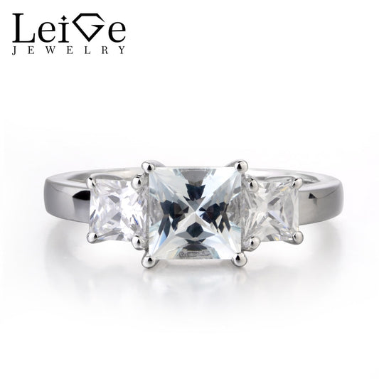 Leige Jewelry Square Cut Natural Aquamarine Engagement Ring Sterling Silver 925 for Women Wedding Promise Rings Romantic Gift