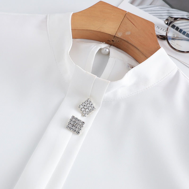 Lenshin Soft and Comfortable Shirt Long Sleeve High-quality Blouse with Diamond Office Lady Loose Style Green Top for Women