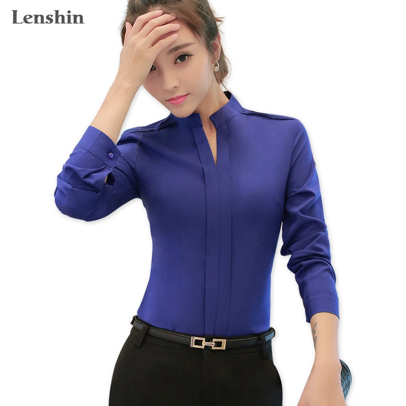 Lenshin V-Neck Collar Back Zipper Blouse Blue White Pink Shirt Women Work Wear Office Lady Blouse Professional Long Sleeve Top