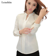 將圖片載入圖庫檢視器 Lenshin V-Neck Collar Back Zipper Blouse Blue White Pink Shirt Women Work Wear Office Lady Blouse Professional Long Sleeve Top
