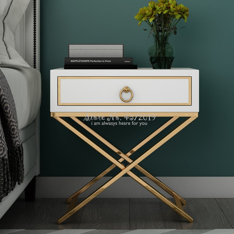 Light Luxury Golden Bedside Cupboard Simple Post-Modern Nightstand Storage Furniture Bedroom BedStand Cabinet White Black