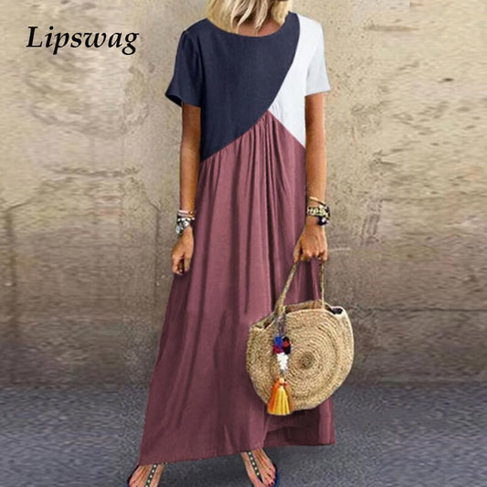 Lipswag Vintage Long Dress Patchwork Casual Loose Plus Size Retro Maxi Dresses Women 2019 Summer O-neck Beach Dress Vestidos