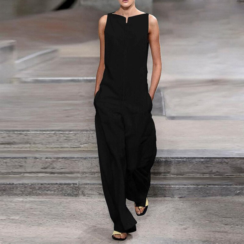 Lipswag Women's Sleeveless Jumpsuits 2019 Summer Solid Color Pocket Loose Rompers Fashion Lady Office Overalls