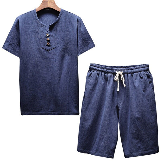 Litthing Men's Linen Sets Brands O-Neck Solid Short sleeve t shirt shorts Summer Fashion Male Casual Drawsting Suit M-5XL