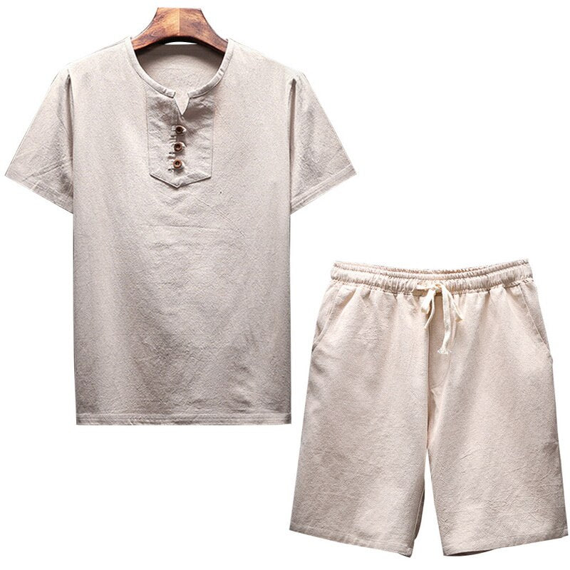 Litthing Men's Linen Sets Brands O-Neck Solid Short sleeve t shirt shorts Summer Fashion Male Casual Drawsting Suit M-5XL