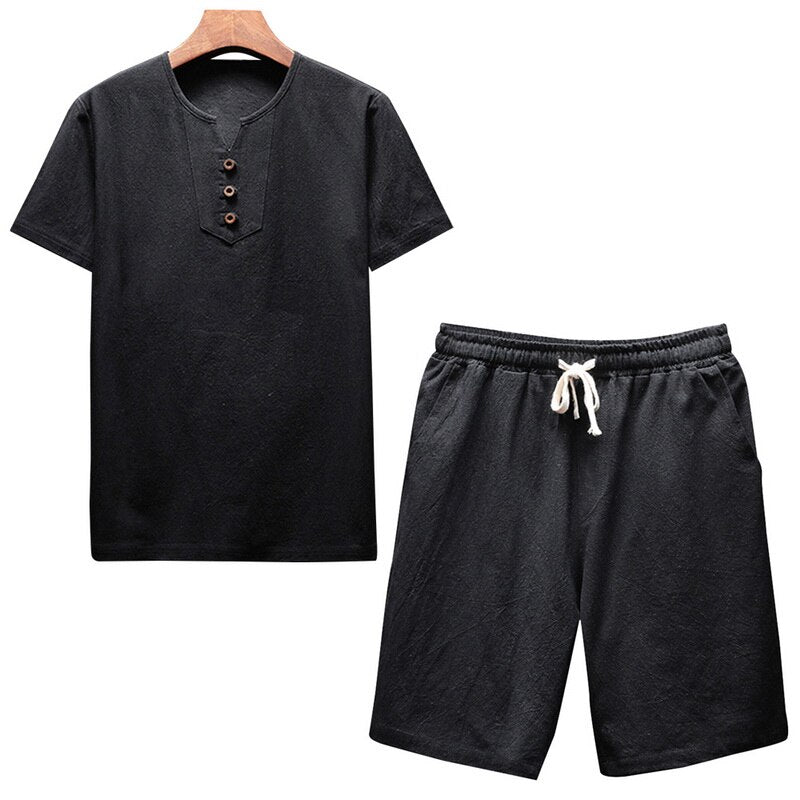 Litthing Men's Linen Sets Brands O-Neck Solid Short sleeve t shirt shorts Summer Fashion Male Casual Drawsting Suit M-5XL