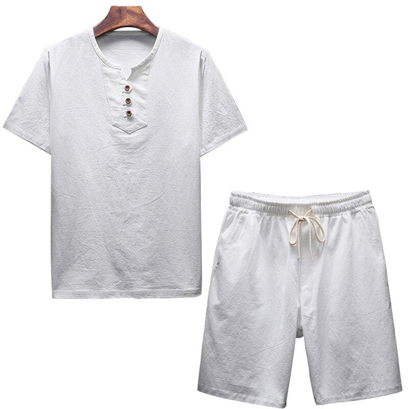 Litthing Men's Linen Sets Brands O-Neck Solid Short sleeve t shirt shorts Summer Fashion Male Casual Drawsting Suit M-5XL