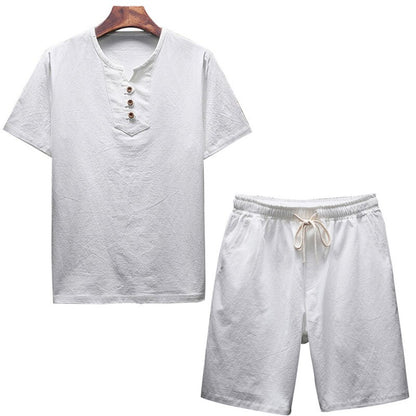Litthing Men's Linen Sets Brands O-Neck Solid Short sleeve t shirt shorts Summer Fashion Male Casual Drawsting Suit M-5XL