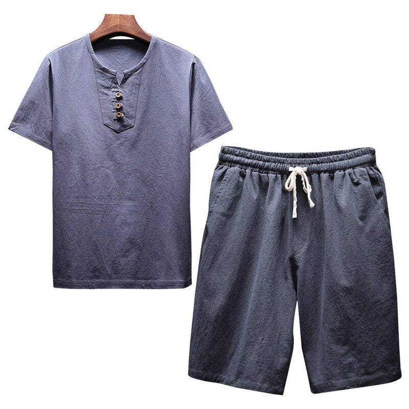 Litthing Men's Linen Sets Brands O-Neck Solid Short sleeve t shirt shorts Summer Fashion Male Casual Drawsting Suit M-5XL