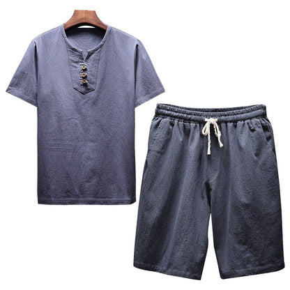 Litthing Men's Linen Sets Brands O-Neck Solid Short sleeve t shirt shorts Summer Fashion Male Casual Drawsting Suit M-5XL