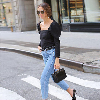 Lolita Style Women's Summer Long Puff Sleeve Elegance Square Neck Loose Tops Blouse Ladies