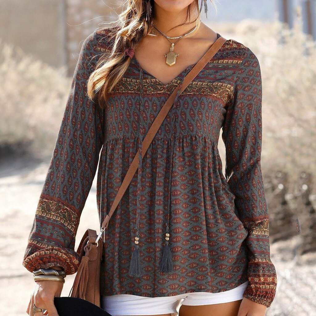 Bohemian Long Sleeve Blouse Women Autumn Winter Bohemian Vintage Print Ladies Daily V Neck Blouses Shirts Women Tops Camisa