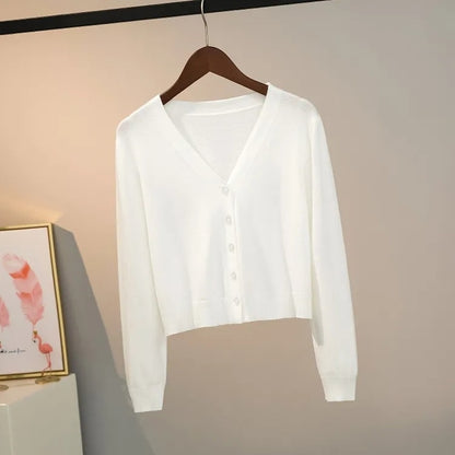 Long Sleeve V-Neck Cardigan Sweater Female Autumn Autumn 2021 New Loose Knitted Sweaters Women Korean Short Cardigans Tops 17039