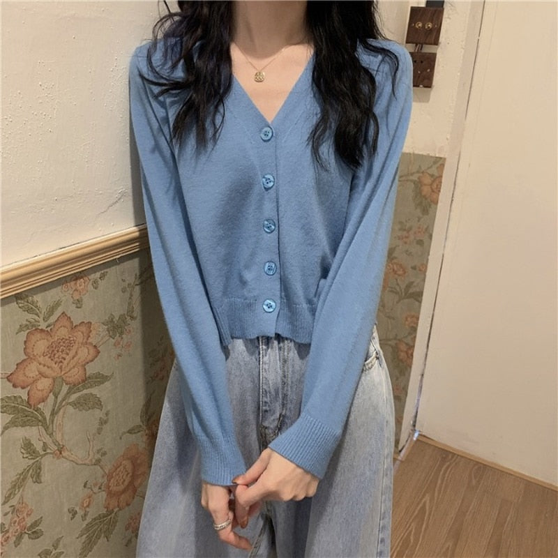 Long Sleeve V-Neck Cardigan Sweater Female Autumn Autumn 2021 New Loose Knitted Sweaters Women Korean Short Cardigans Tops 17039